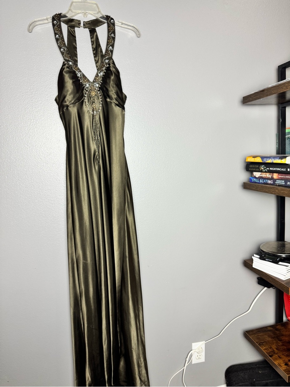 Fiesta Olive Green Beaded Halter Prom Dress
